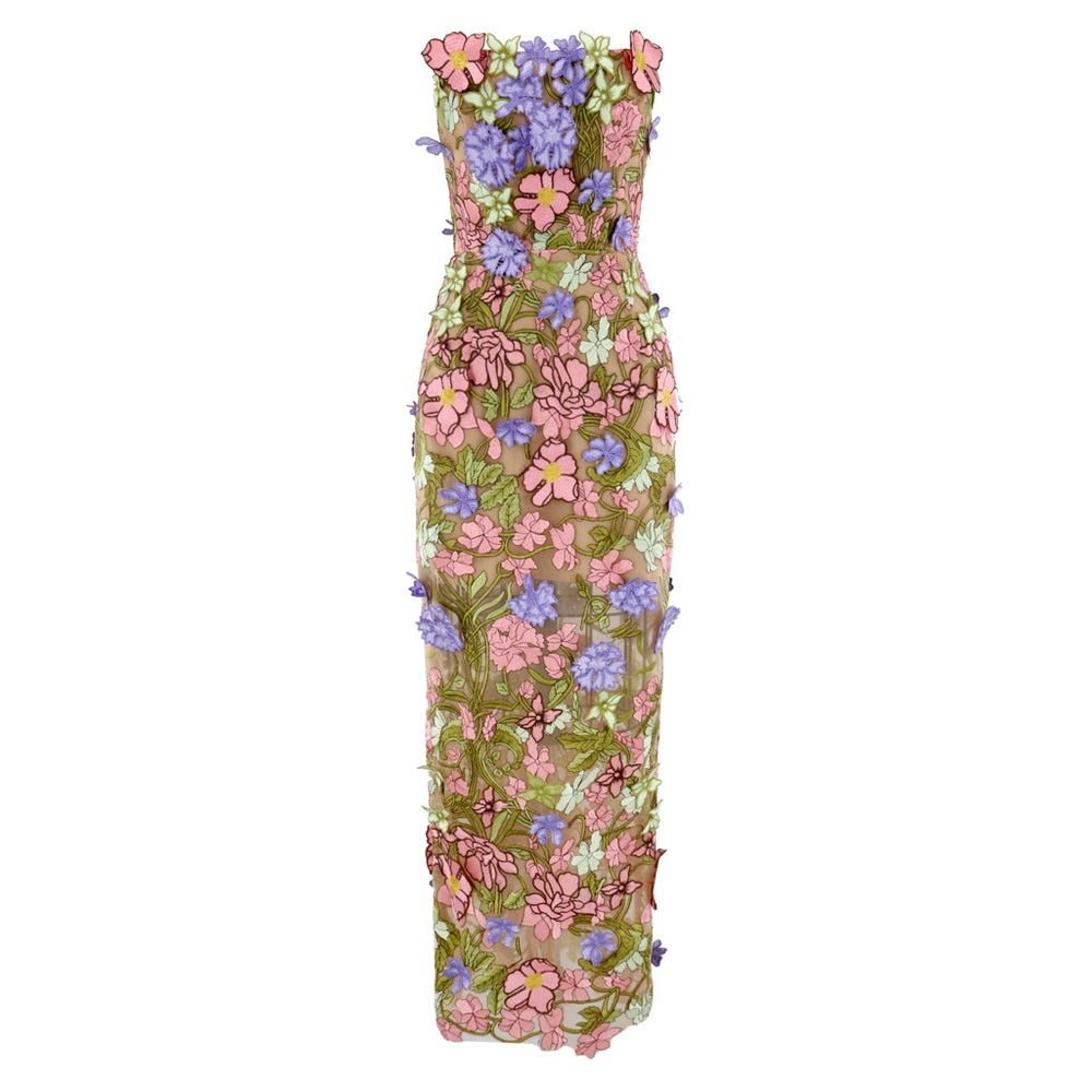 Bronx and Banco Strapless Floral Appliqué Midi Dress in Pink, Purple & Green - Picture 2 of 16